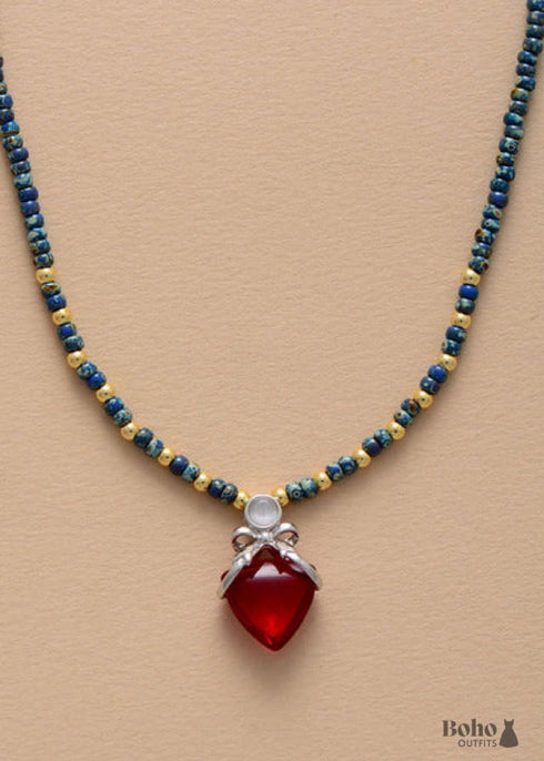 Boho Necklace, Seed Beads Gold Horn Evil Eye Heart Pendant